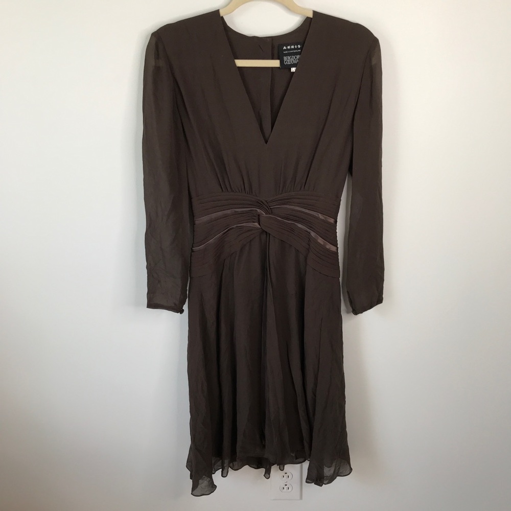 Akris Brown Silk Dress Long Sleeve Button Back 6